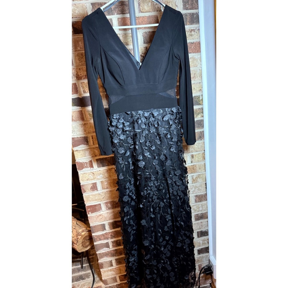 Xscape Evenings Gown Womens Black Floral Embroidered Cutout Mesh V Neck Back Zip